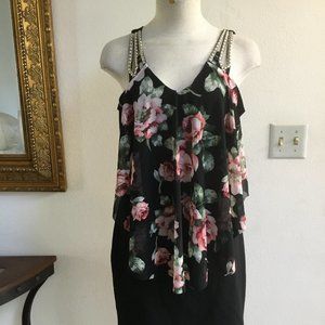 IPONA COLLECTION Over Floral Short Dress Stretchy Sleeveless Pencil  Blk XL Jr
